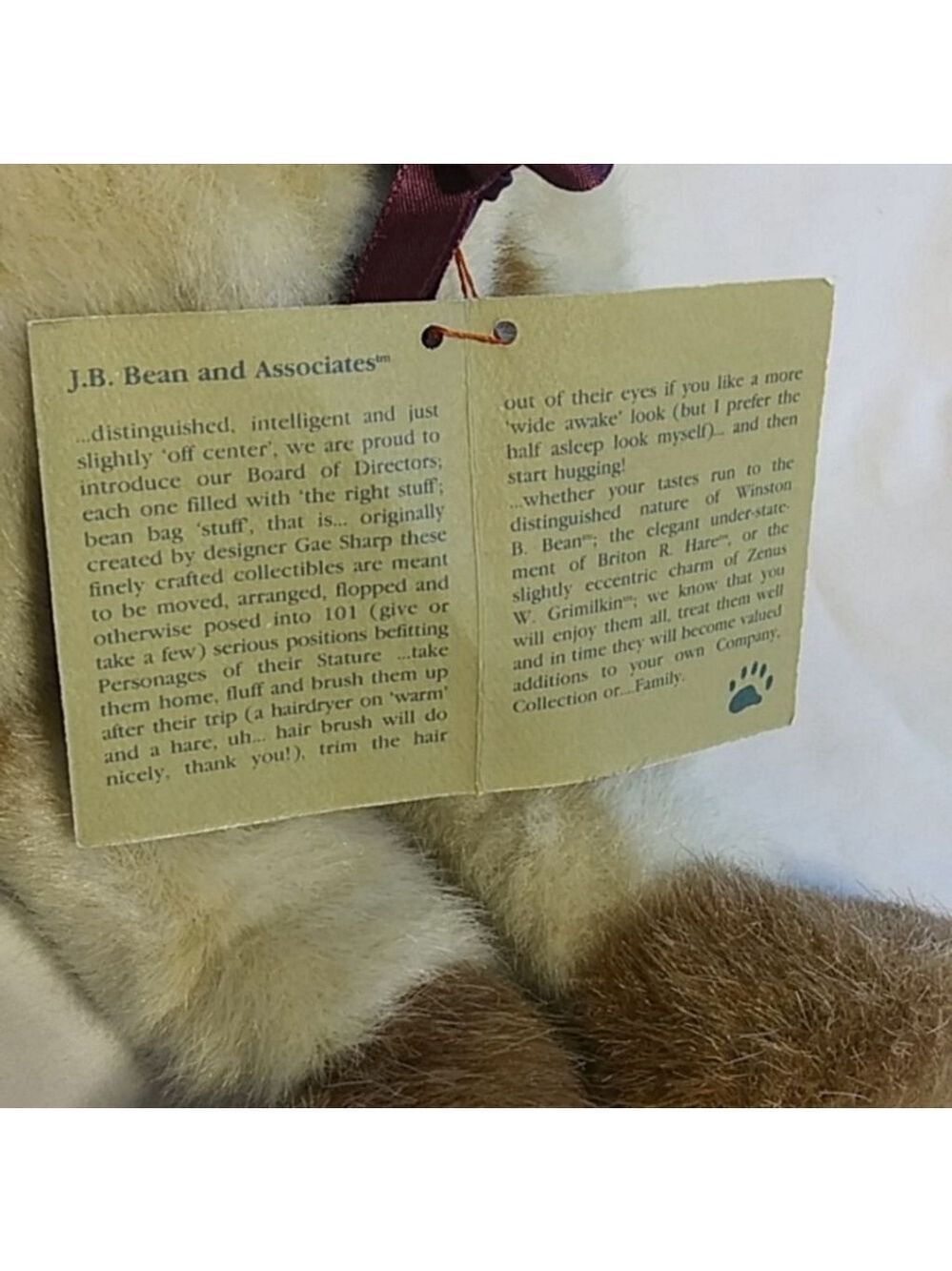 J.B. Bean Collectible Plush Toy Cream/Brown 10" - Picture 6 of 8